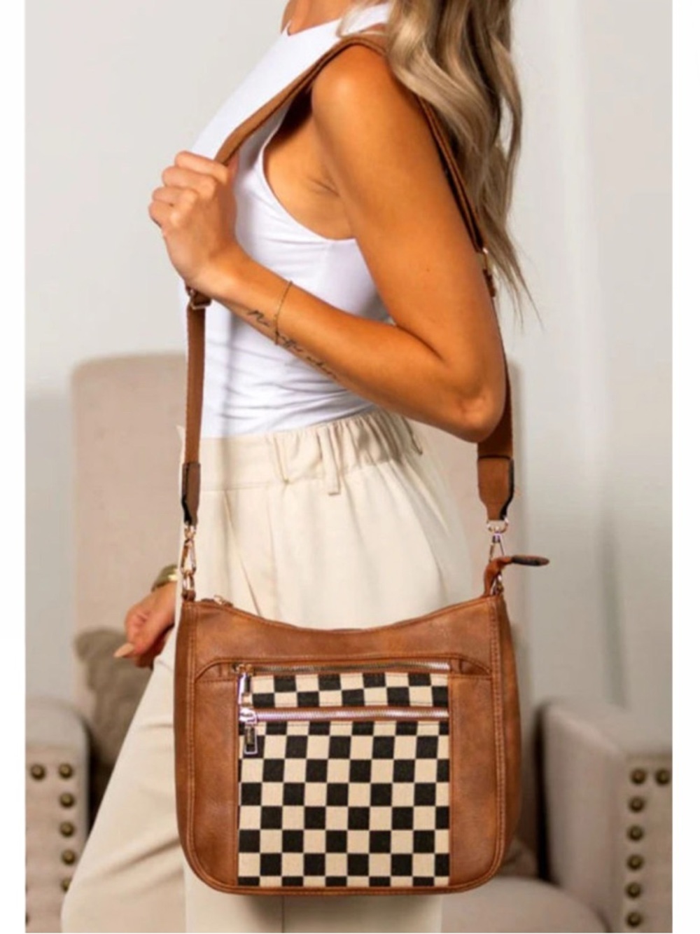 Chestnut Checkered Vegan Leather Bag - Picture 2 of 6
